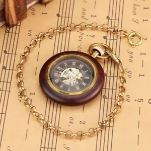 Wood Mechanical Hand Wind Pocket Watch for Men Roman Numerals Display Open Face - Picture 1 of 9