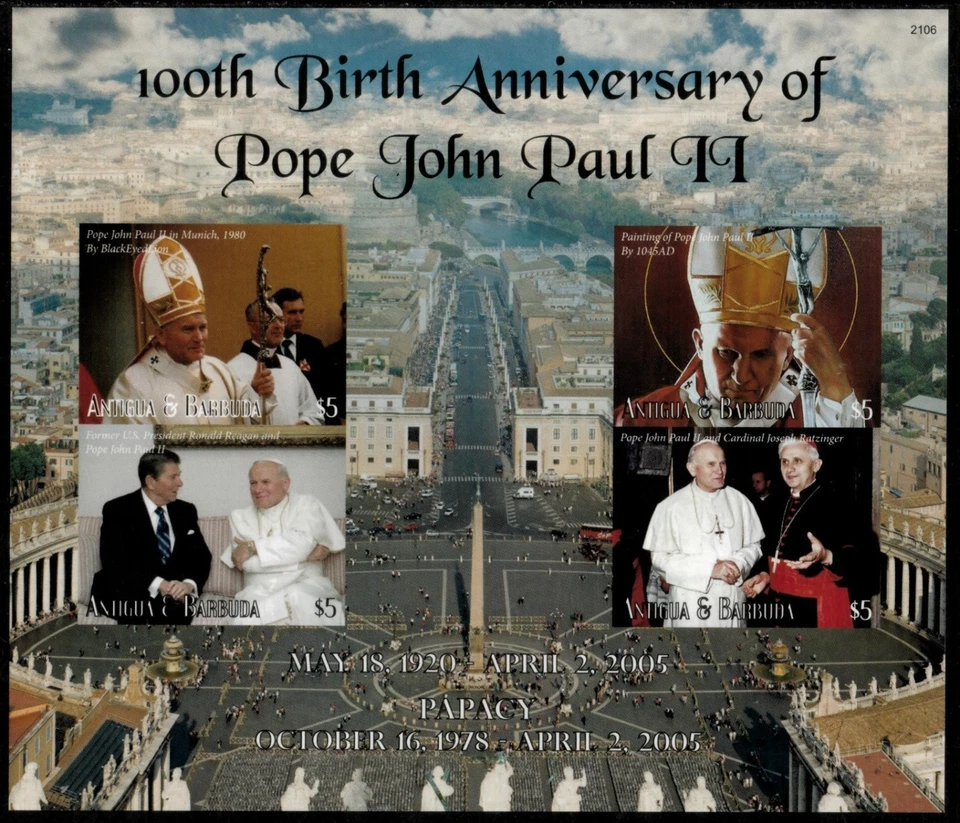 Antigua 2021 - Papa Juan Pablo II - Hoja de 4 estampillas IMPERF - Scott #3605 - MNH Foto 1 de 1