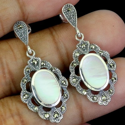 925 Sterling Silver Earrings Oval Mop 11x8mm Marcasite Natural Gemstone Jewelry - Image 1 of 4