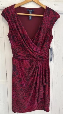 Chaps NWT Petite Sz PM Red Faux Wrap Career Sheath Dress Drape Ruffle - Image 1 of 4