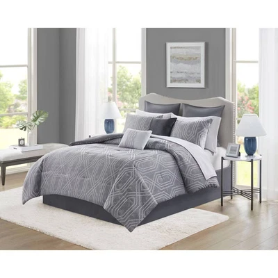 NO BRAND 12pc Queen Aya Jacquard Geo Comforter & Sheets Bedding Set - Gray