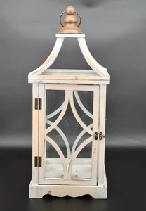 Wood Square Lantern with Metal Top Glass and Asteroid Design Side Ring Handle - Picture 1 of 11