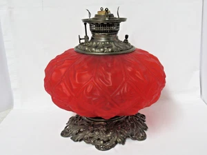 HUGE ANTIQUE RED SATIN CRINKLE GLASS GWTW OIL LAMP BASE MARKED P&A ON BASE - Picture 1 of 15