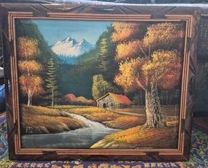 Vtg Black Velvet Painting Cabin In The Woods Landscape River Trees Vibrant - Picture 1 of 5