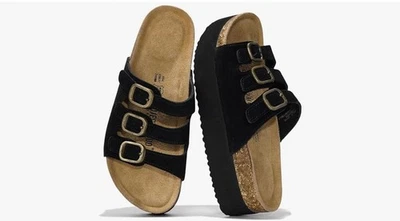 Genuine Suede Platform Sandals Memory Foam Black - Image 1 of 4