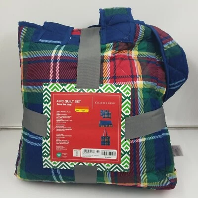 Conjunto de lençóis xadrez 4 peças Charter Club tartan flanela KING azul verde 100% algodão - Imagem 1 de 4