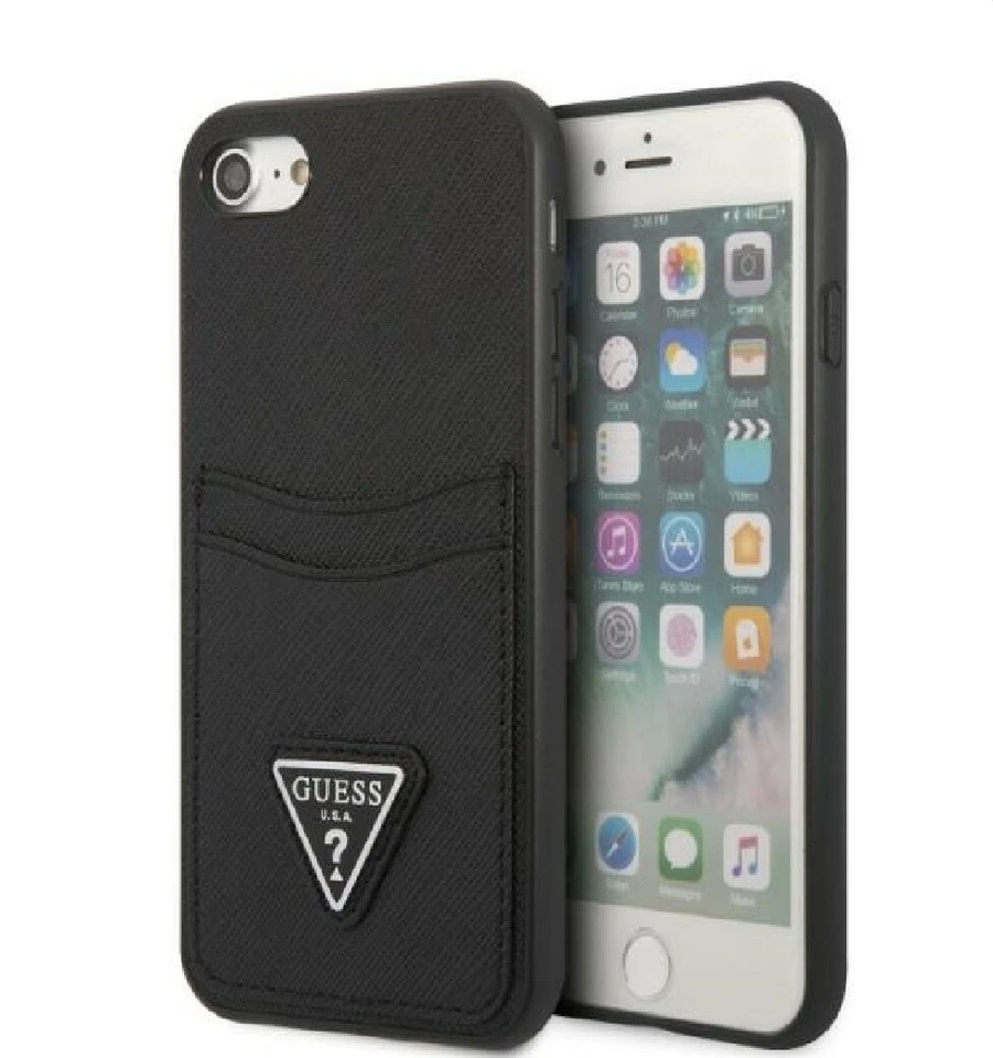 Guess Custodia Rigida Nero Saffiano Triangle Scheda Slot per - Immagine 1 di 1