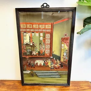 Antigua pintura de arte en vidrio reverso grande de la dinastía Qing china enmarcada en madera 34x22" - Imagen 1 de 20