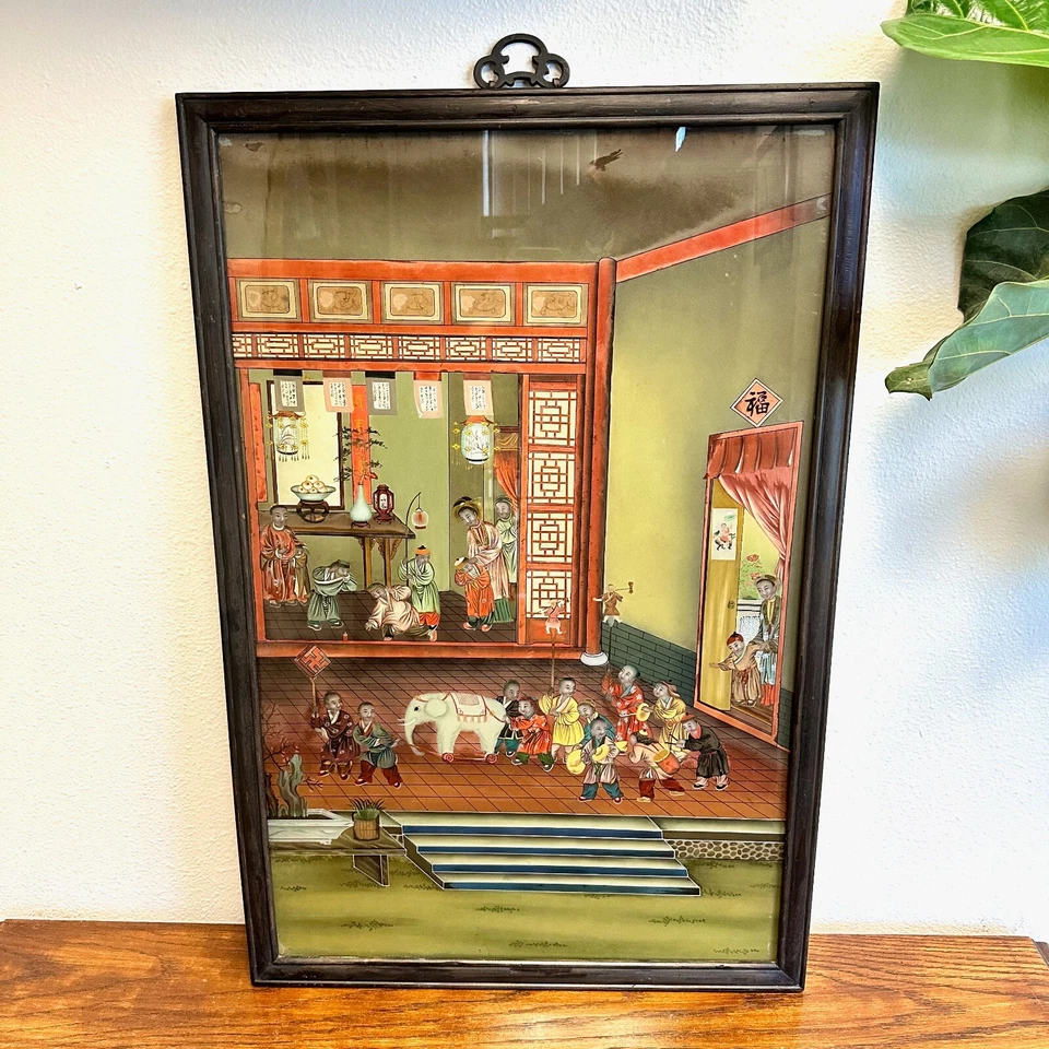 Antigua pintura de arte en vidrio reverso grande de la dinastía Qing china enmarcada en madera 34x22" Foto 1 de 4