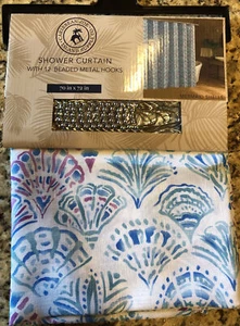 New Caribbean Joe MERMAID SHELLS Fabric Shower Curtain with Beaded Metal Hooks - Picture 1 of 6