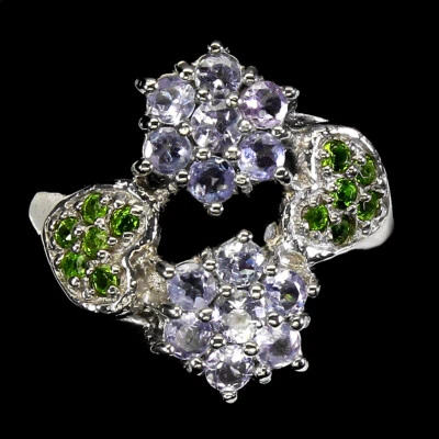 925 Anello Argento Sterling Rotondo Tanzanite Cromo Diopside Gemma Gioielli 7 - Immagine 1 di 4