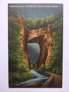 NATÜRLICHE BRÜCKE VIRGINIA VA NACHTBELEUCHTUNG DER 4. TAG UNBENUTZT LEINEN POSTKARTE - Bild 1 von 2
