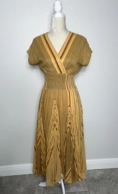 Sandy Starkman Vtg Cotton StripeS Maxi A Line Dress Metallic Smocked Boho y2kS - Image 1 of 4