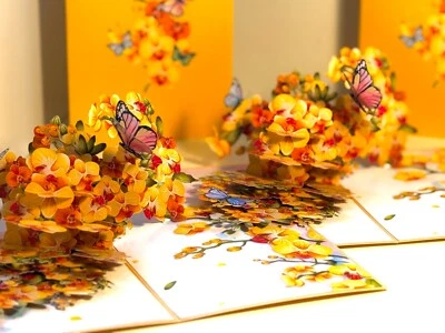 ORIGAMI POP CARDS Yellow Orchid Garden with Butterflies Happy Birthday 3D Pop Up - Image 1 of 4