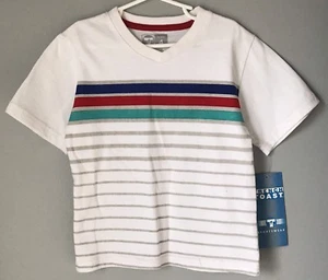 French Toast Boys Shirt White Red Blue Green Striped Short Sleeve V-Neck T Sz 4 - Picture 1 of 4