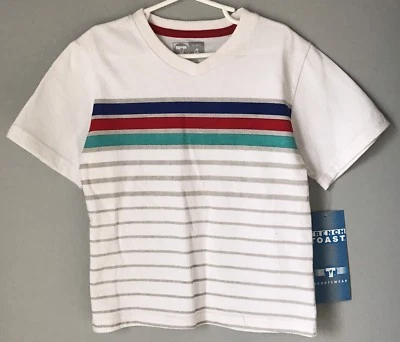French Toast Boys Shirt White Red Blue Green Striped Short Sleeve V-Neck T Sz 4 - Image 1 of 4