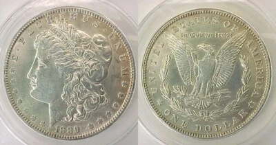 1889 P Morgan Silver Dollar ANACS Certified Brilliant Uncirculated MS 60 Details - Image 1 of 2