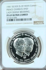 1981 ISLE OF MAN SILVER CROWN PRINCE CHARLES & LADY DIANA NGC PF 69 ULTRA CAMEO - Picture 1 of 3