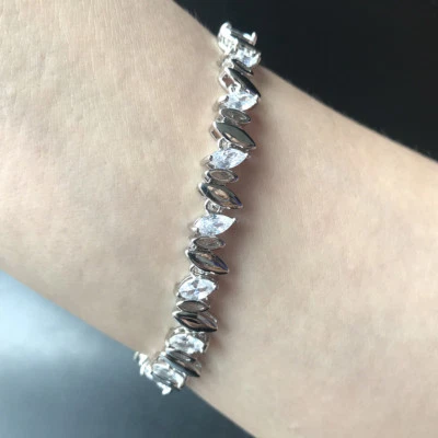 7" Marquise White Topaz Cubic Zirconia CZ Bracelet White Gold Filled Chain - Image 1 of 4