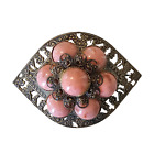 Vintage Pink Cabochon Flower Bronze Filigree Brooch Pin
