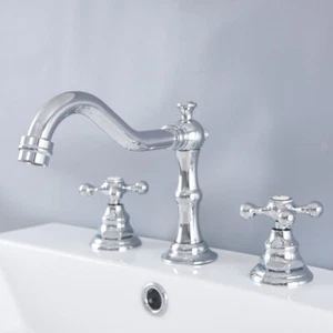 Chrome Widespread 2 Knobs Basin Faucet Deck Mounted 3 Holes Sink Mixer Tap - Picture 1 of 5