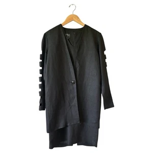 Vintage 1980s LE CRILLON Black Linen Blend 2Pc Sheath Dress Jacket Set Size 4 - Picture 1 of 9