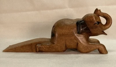 Hand Carved Wood Door Stop Jam Stopper Wedge Elephant Trunk Up 13” Unmarked - Image 1 of 4