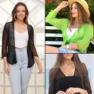Womens Ladies Tie Up Knitted Open Front Bolero Shrug Cropped Top Short Cardigan - Picture 1 of 110