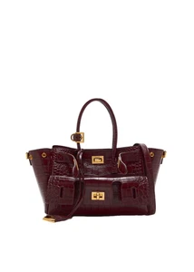 BALENCIAGA Bel Air Mini Burgundy Embossed Leather Carry All Top Handle Bag New - Picture 1 of 3