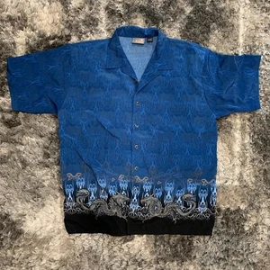 Breakdown Men's 2XL Dragon Button Up Shirt Blue Tribal Print Polyester - Picture 1 of 5