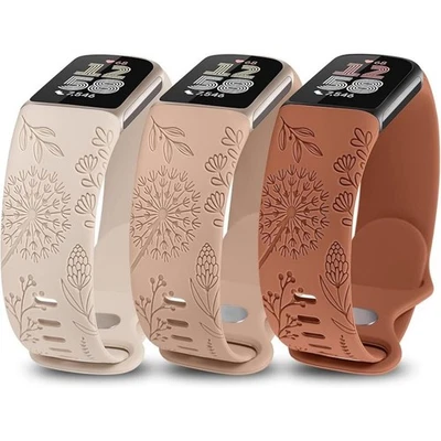 3 Pack Floral Engraved Strap Compatible with Fitbit Charge 6/5 Women Sport - Image 1 of 4