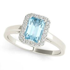 1.30 Ct Emerald Cut Aquamarine & Lab Created Diamond Wedding Ring 950 Platinum