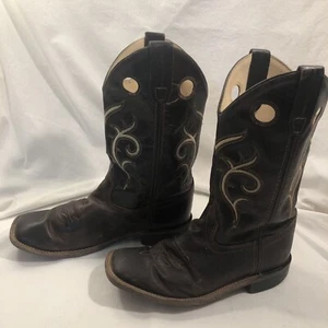 Old West Youth Size 5 D Brown And Black Leather Cowboy Western Boots C Descripti - Picture 1 of 15