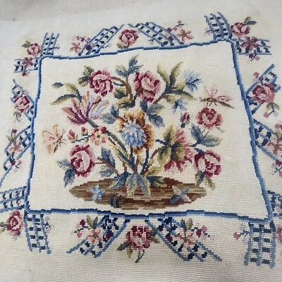 Antique? Silk Petit point Wool Needlepoint Panel Chair Cover Floral Butterfly - Image 1 of 4