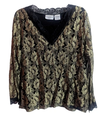 Vtg KATHY IRELAND Gold Black Lace Long Sleeve Top Size 1X Stretch R1 - Image 1 of 4