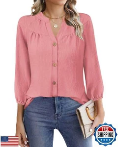 Summer Tops for Women Dressy Casual 3/4 Sleeve T Shirts V Neck Button Down Pl - Picture 1 of 5