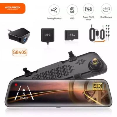 WOLFBOX G840S 12" 4k Mirror Dash Cam Front and Rear View Dual Cameras Free SD - Image 1 of 4