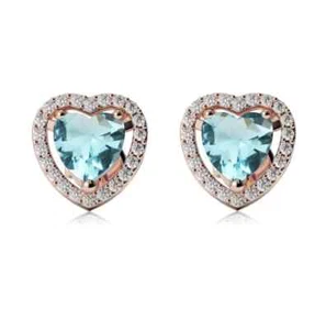 14k Rose Gold Plated 4 Ct Created Halo Heart Created Aquamarine CZ Stud Earrings - Picture 1 of 1