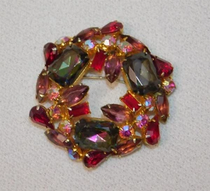 Juliana Vintage D&E Rhinestone Brooch Ruby Pink Aqua AB Rhinestones - Picture 1 of 11
