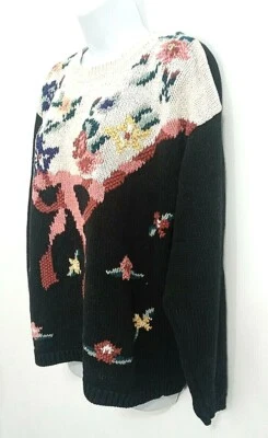 Suéter Para Mujer Vintage Jamie Scott L Negro Rosa Floral Hombro Caído Algodón Años 80 Foto 1 de 4