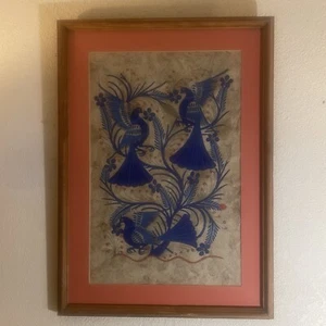Vintage Framed Mexican Mayan Folk Art Birds and Flowers Painting on Bark Paper - Picture 1 of 18