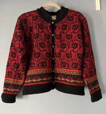 Cárdigan suéter Dale of Norway talla S Rojo Negro Lana Pura Grannycore Foto 1 de 4