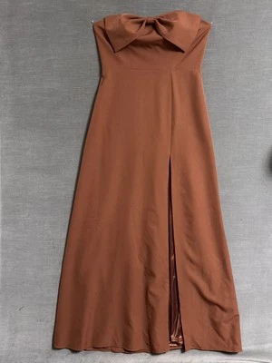 Revelry Gown 14 Brown Strapless Maxi Bow Lace Up Slit Formal Evening Wedding - Image 1 of 4
