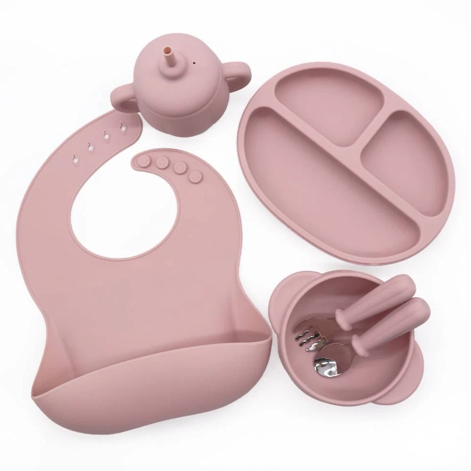 Silikon Geschirr Set  BPAfrei Teller Tasse Löffel Gabel Lätzchen Rutschfest Baby - Bild 1 von 4