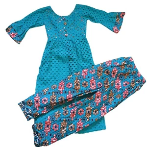 Girls Turquoise Batik Wax Block Print Eyelet 2 Piece Outfit Size 10 - Picture 1 of 12
