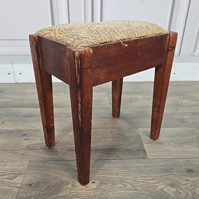 Antique Wooden Footstool - Rustic Small Stool Upholstered Top – Country Style - Image 1 of 4