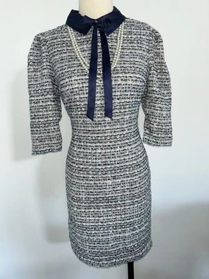 Mini Vestido Alexia Admor Para Mujer Talla 10 Tweed Azul Marino Cuello Lazo Fiesta de Vacaciones Foto 1 de 4