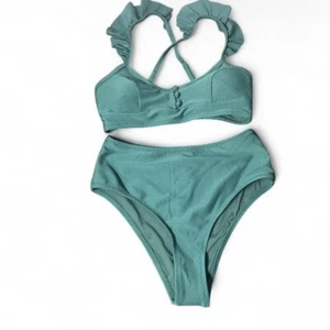 NEW Women's High Waisted Bikini 2 Piece Swimsuit Small Ruffle Solid Teal Green - Picture 1 of 3