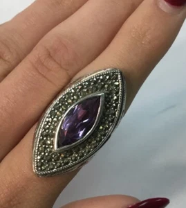 Vintage Sterling Marquis Shaped Amethyst And Marcasite Art Deco Ring Size 5.5 - Picture 1 of 4