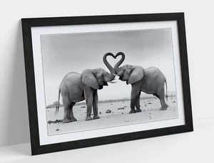 ELEPHANTS MAKING HEART SHAPE WITH TRUNKS 2 -FRAMED WALL ART POSTER PAPER PRINT - Picture 1 of 11